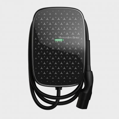 Mercedes-Benz Wallbox for electric vehicles, 22 kW charging power, Type-2 connector, black design with fixed cable.