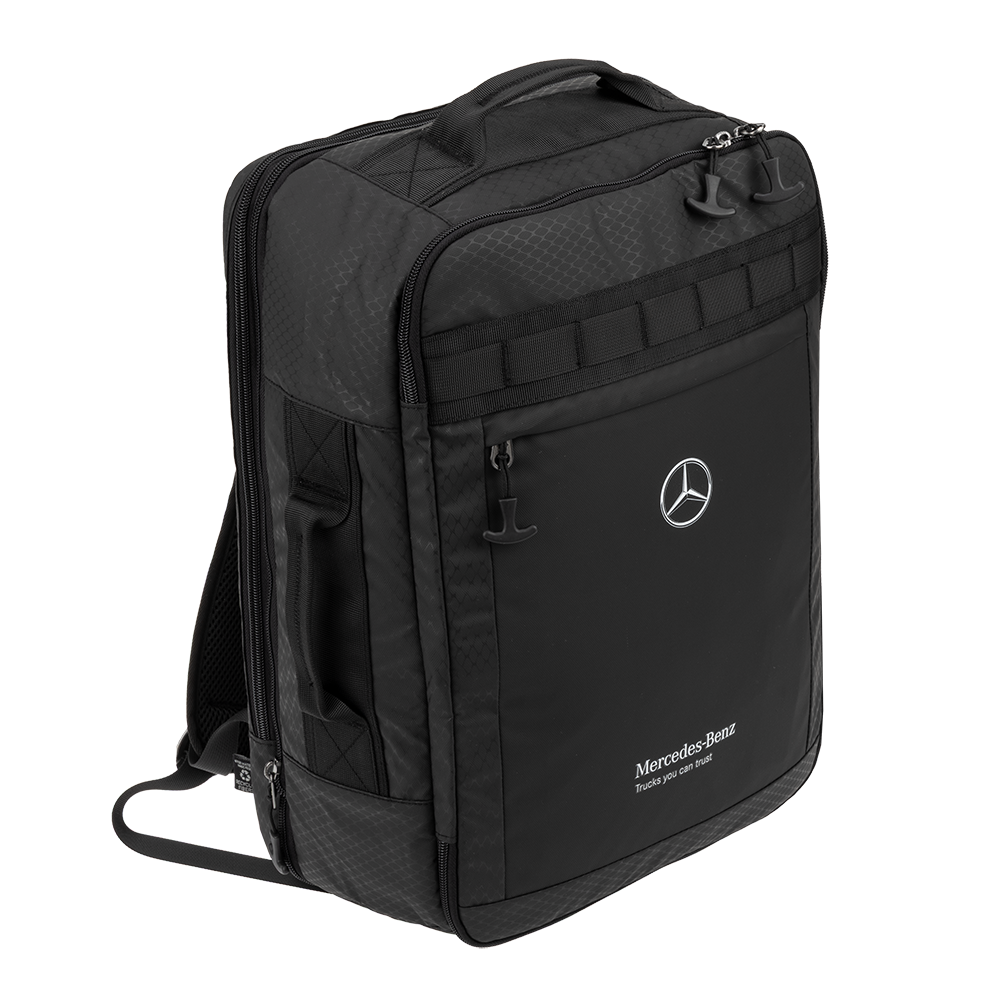 Front view of the black Mercedes‑Benz Trucks travel backpack with logo and front zip pocket.