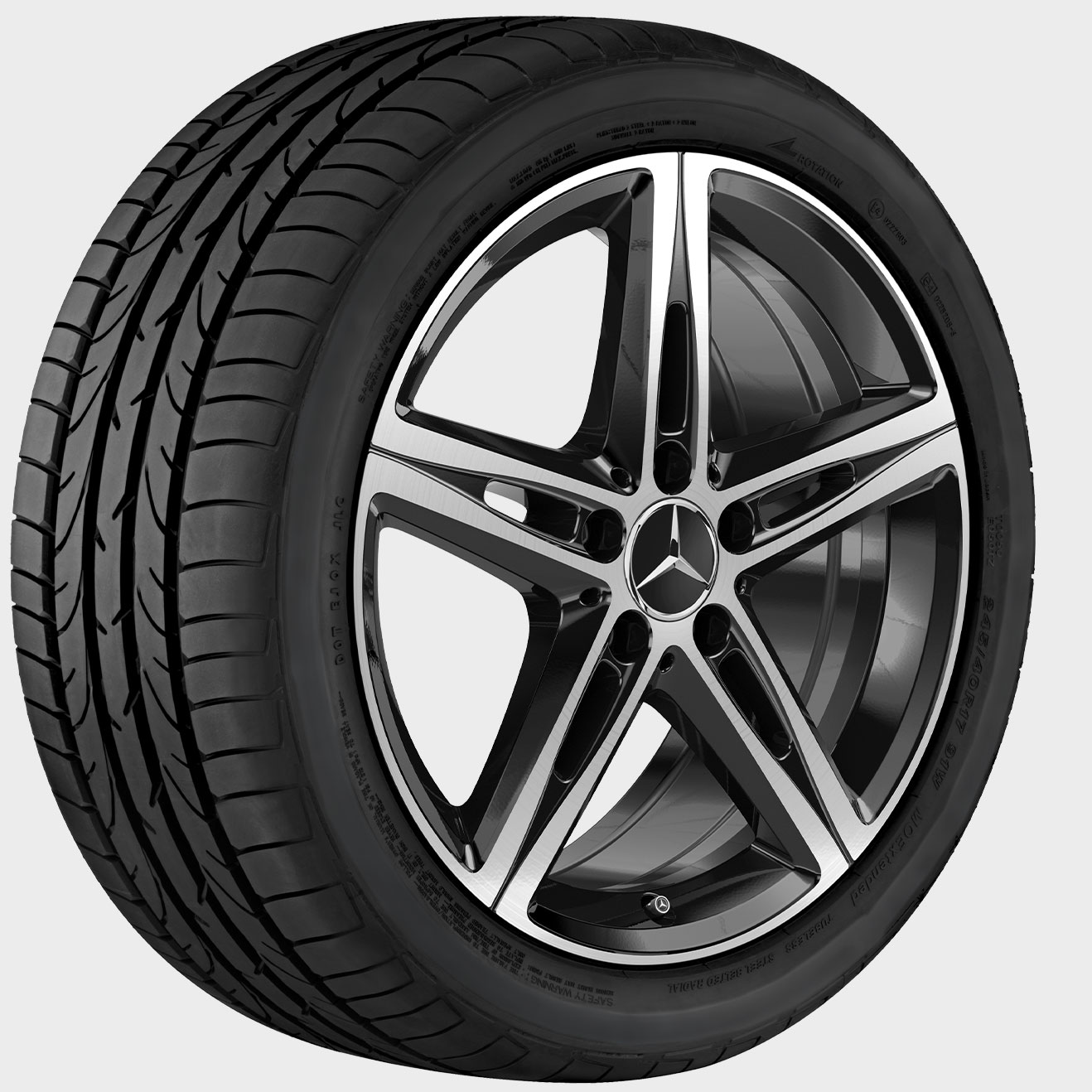 Roue d'été complète à 5 branches de Mercedes-Benz, finition brillante, noire Roue d'été complète à 5 branches de Mercedes-Benz, finition brillante, noire