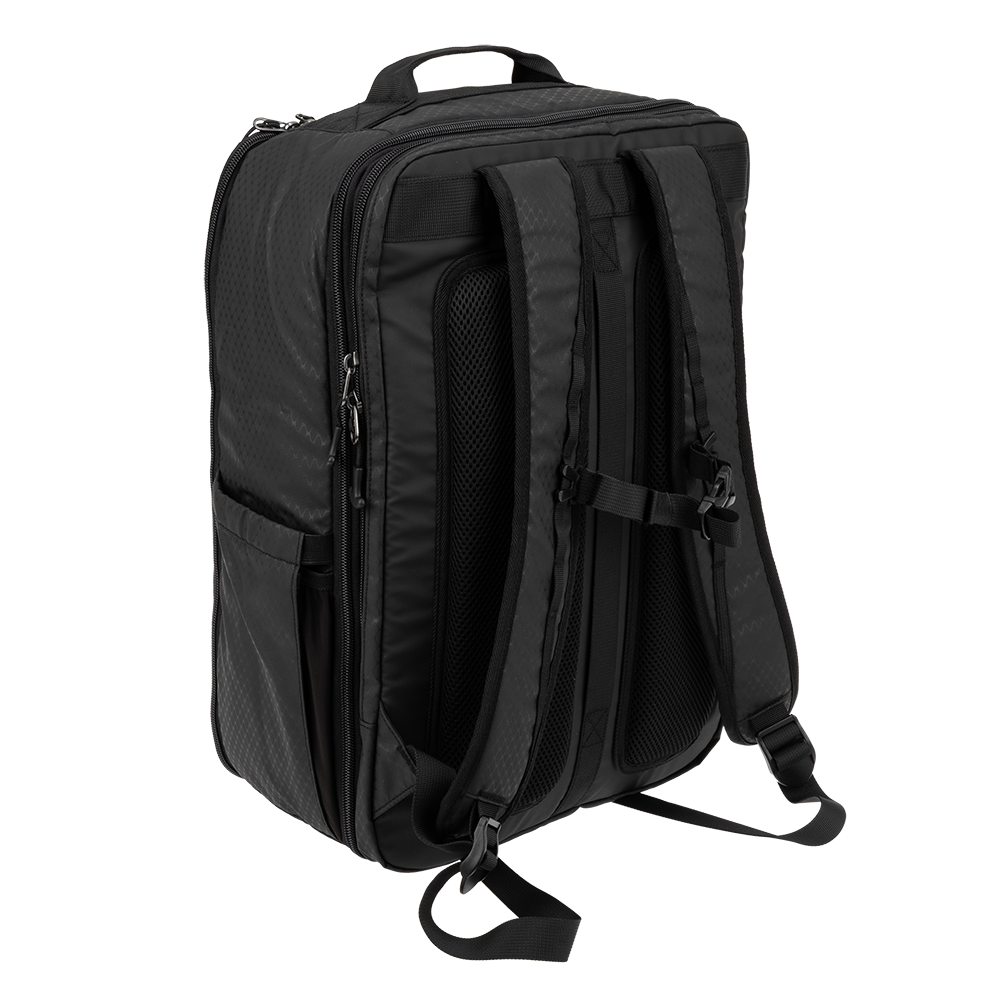 Travel backpack in a lying position with visible Mercedes‑Benz logo and wraparound zipper.