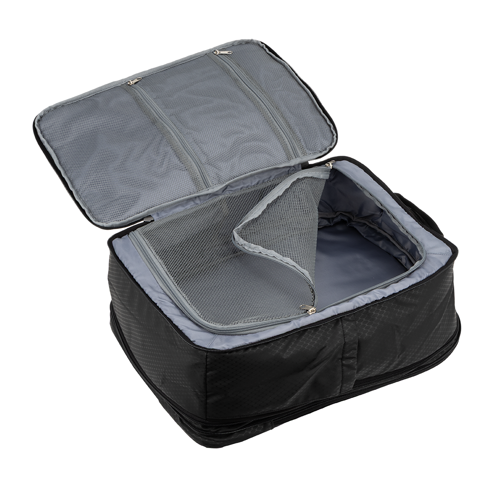 Rear view of the black travel backpack with padded, adjustable shoulder straps and breathable back panel.