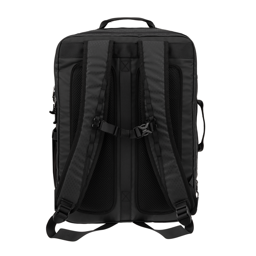 Opened Mercedes‑Benz Trucks travel backpack showing the divided interior and organizational pockets.