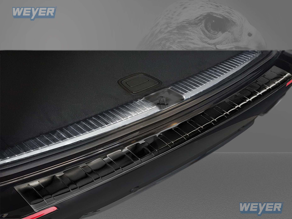 Vue détaillée de la surface graphite/black de la protection de seuil de chargement Weyer en acier inoxydable pour Mercedes‑Benz Classe E Break (W213, 2016–2023)