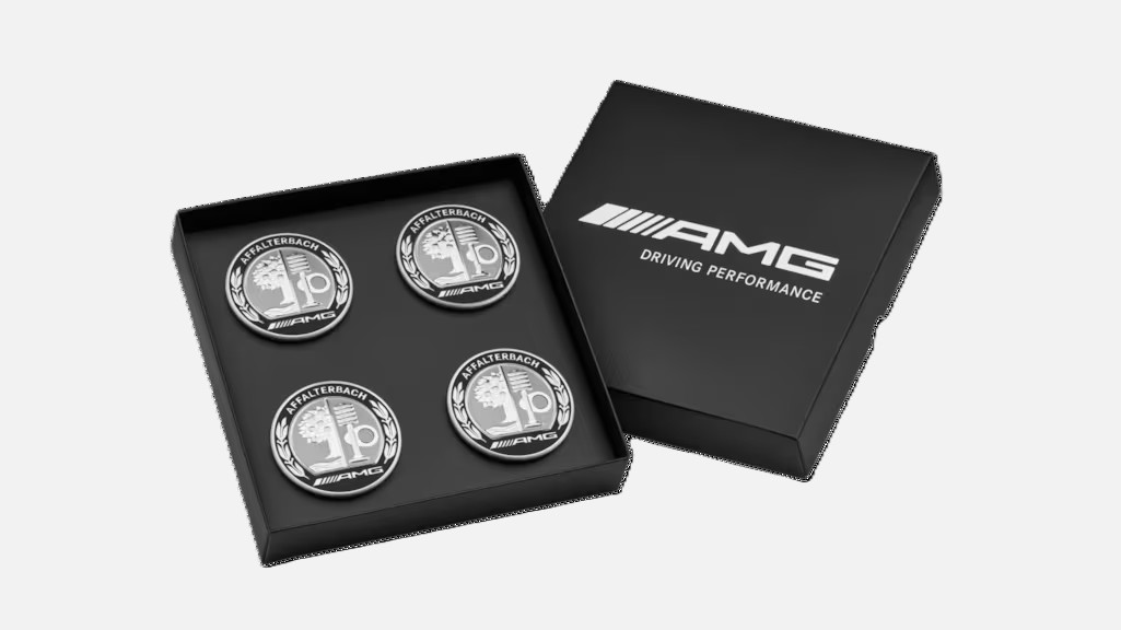 AMG Radnabenabdeckung mit AMG Wappen, silberfarben/schwarz, 4er-Set