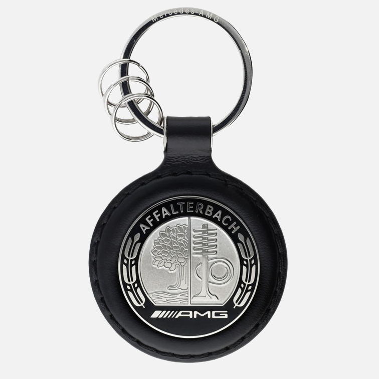Porte-clés AMG en cuir – noir, avec plaque métallique et anneaux supplémentaires